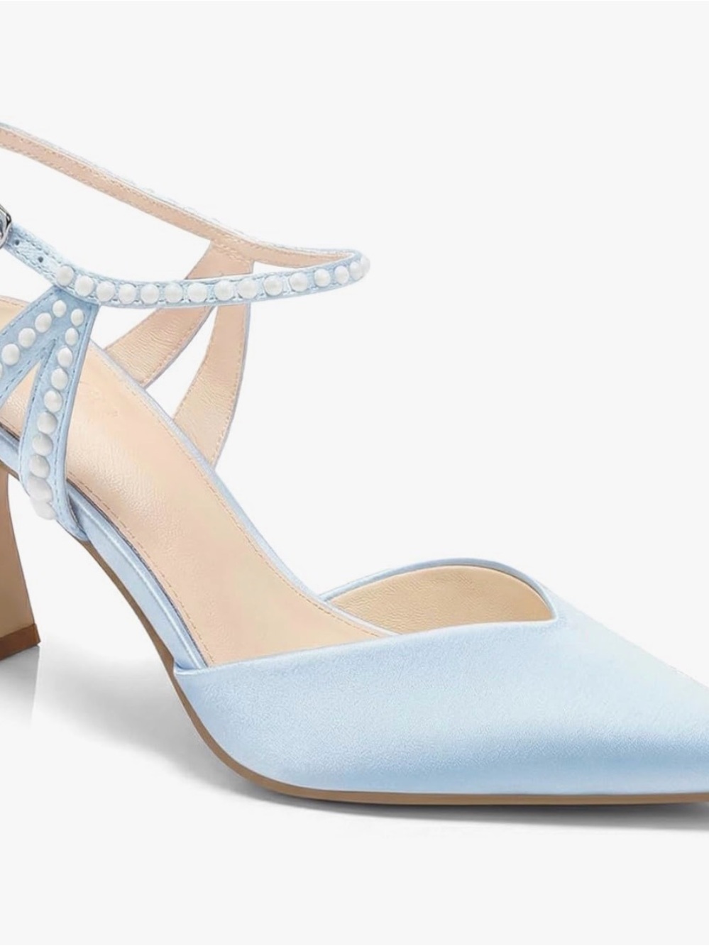 Light Blue Satin Pointed Toe Mid Heel Pumps with Studded Straps